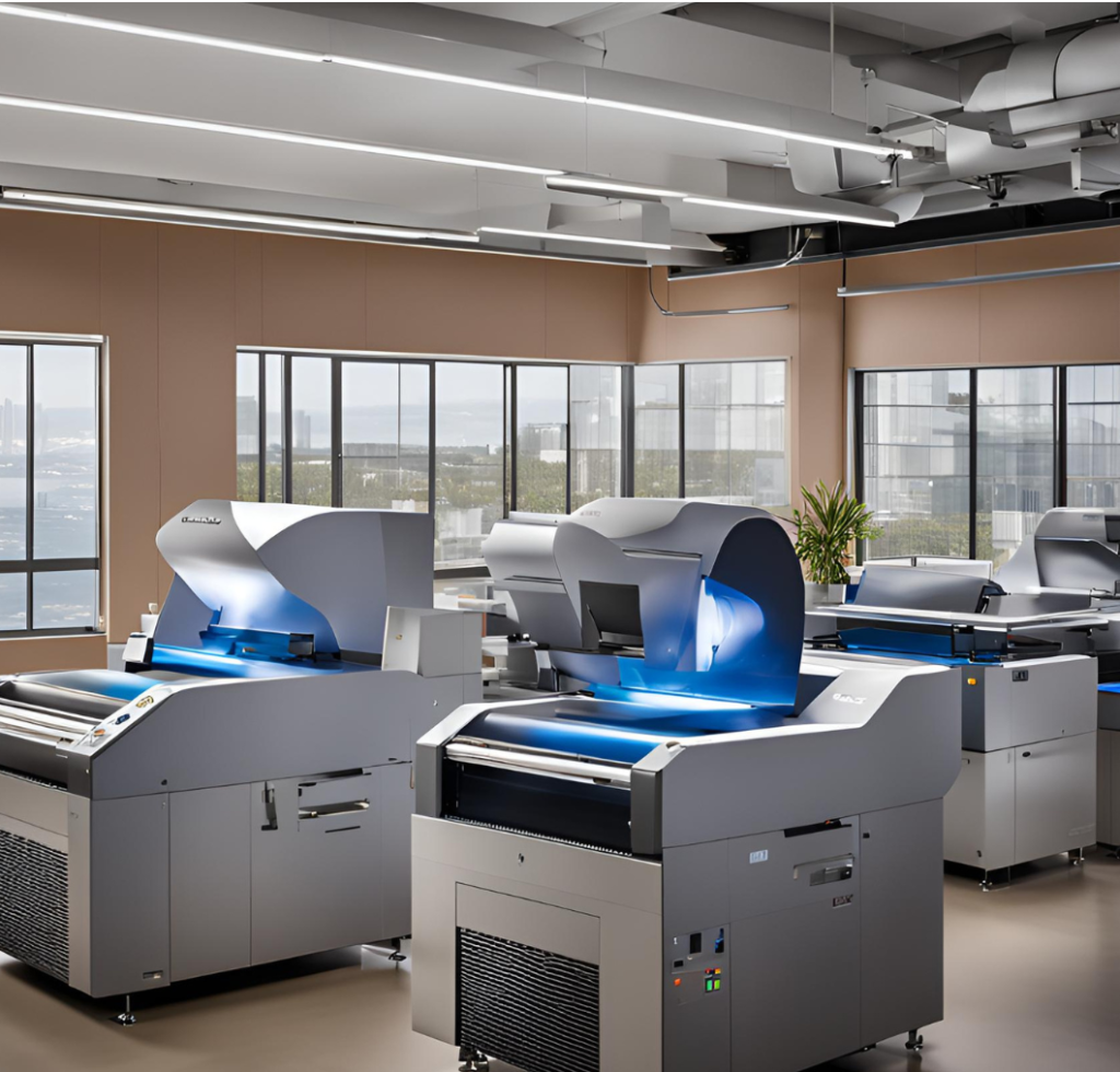 cylindrical uv printers in production room.