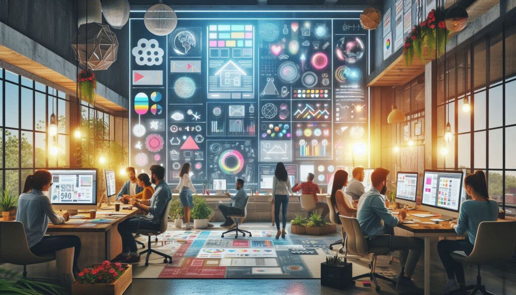 Creative team at a digital agency collaborating on user interface design, branding, and visual strategy for an engaging product experience.