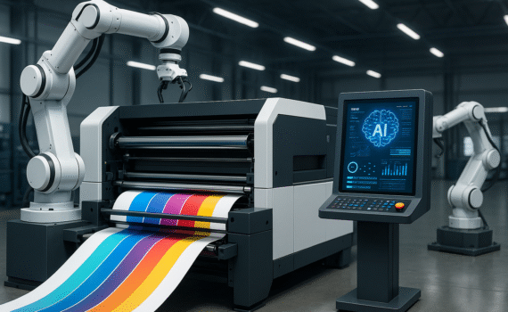 Futuristic printing press with AI-powered robotic arms in a modern, high-tech printing facility.