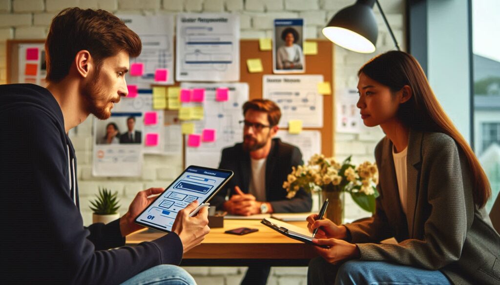 UX researcher conducting a user interview and analyzing behavior insights, with journey maps and personas on a whiteboard in the background.