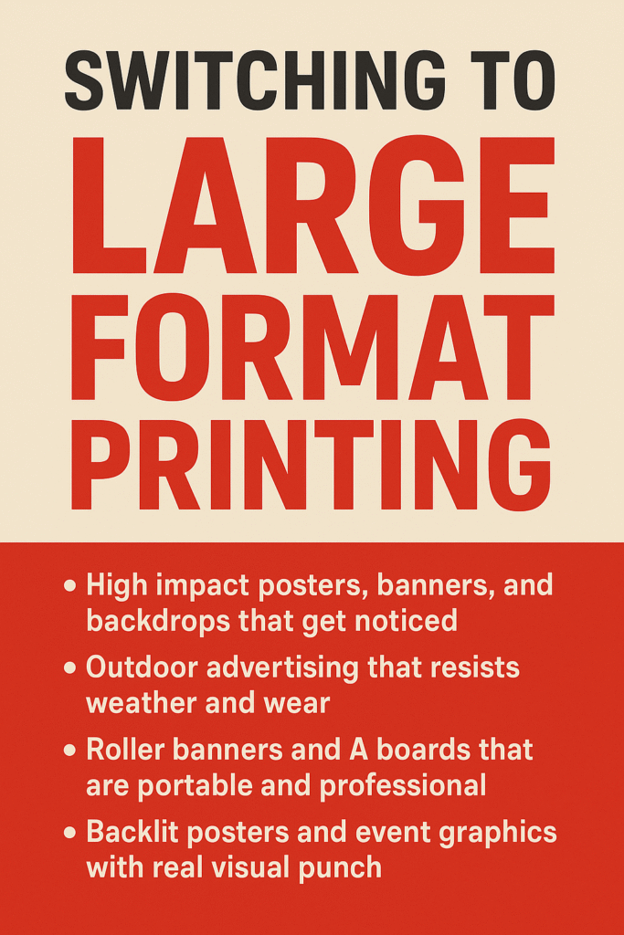 Examples of large format printing services in London including roller banners, vehicle wraps, window graphics, and café barriers.