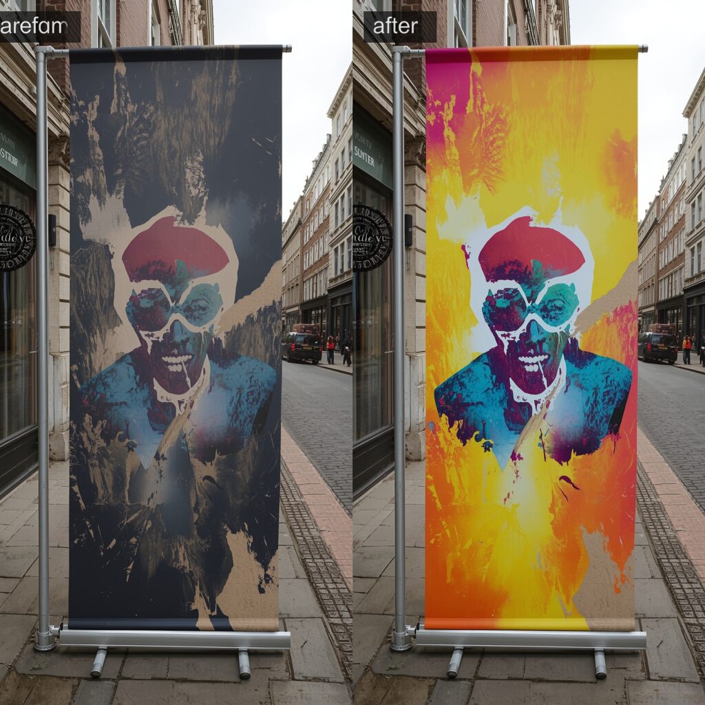 Comparison of poor-quality banner vs durable large format print in London.