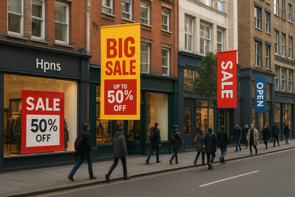 Large format printing in London with posters, banners, and signage on a busy street.