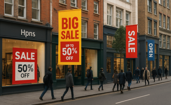Large format printing in London with posters, banners, and signage on a busy street.