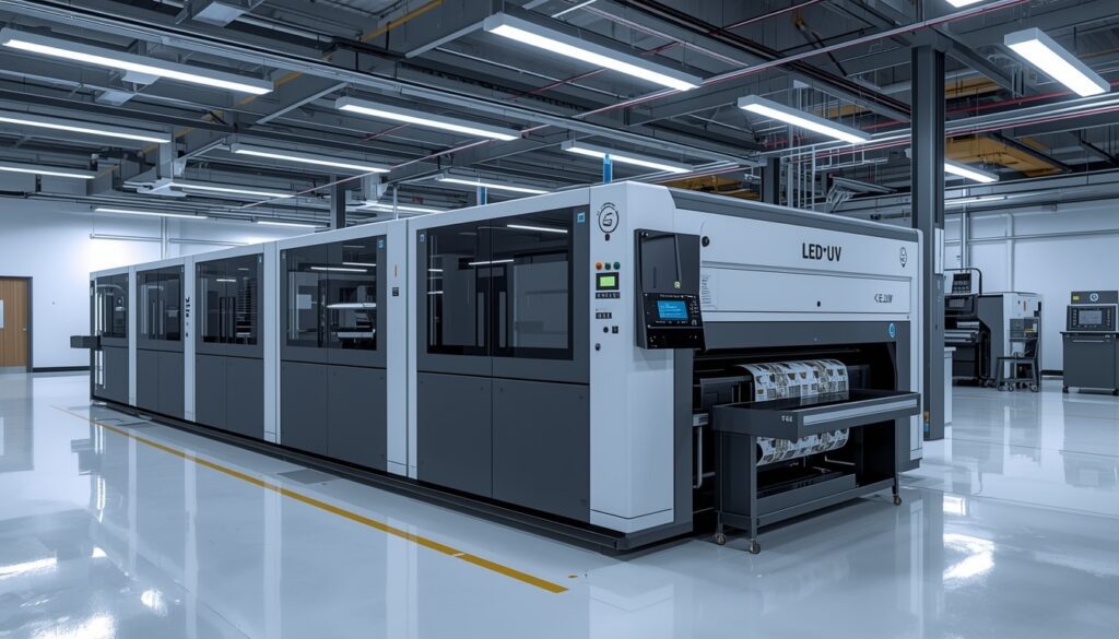 Modern LED-UV offset printing system with automated color control and instant curing technology.