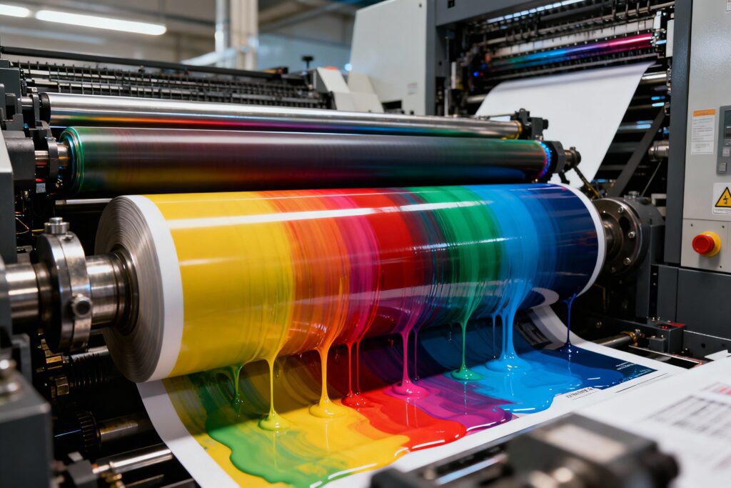High-end lithographic offset printing press with CMYK ink rollers in a modern print facility.