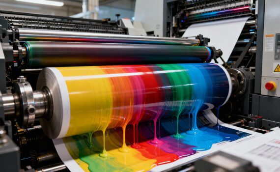 High-end lithographic offset printing press with CMYK ink rollers in a modern print facility.