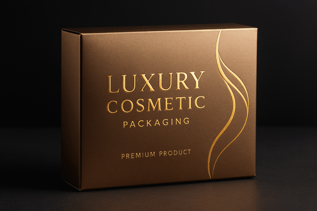 Luxury cosmetic packaging produced with offset printing on metallic board with soft-touch coating and gold foil.