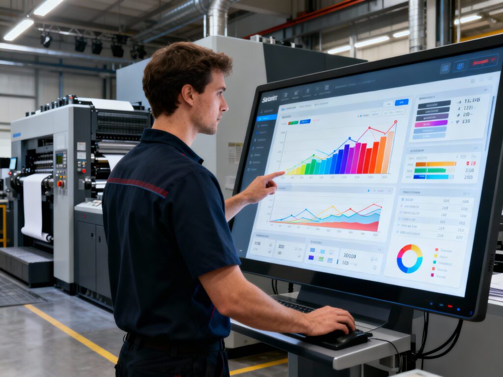 offset printing press operator standing at a large touch-screen dashboard showing color stability graphs, press performance charts, and real-time job control data.