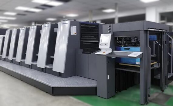 Modern offset printing press for hi-tech paper and cardboard printing.