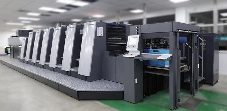 Modern offset printing press for hi-tech paper and cardboard printing.