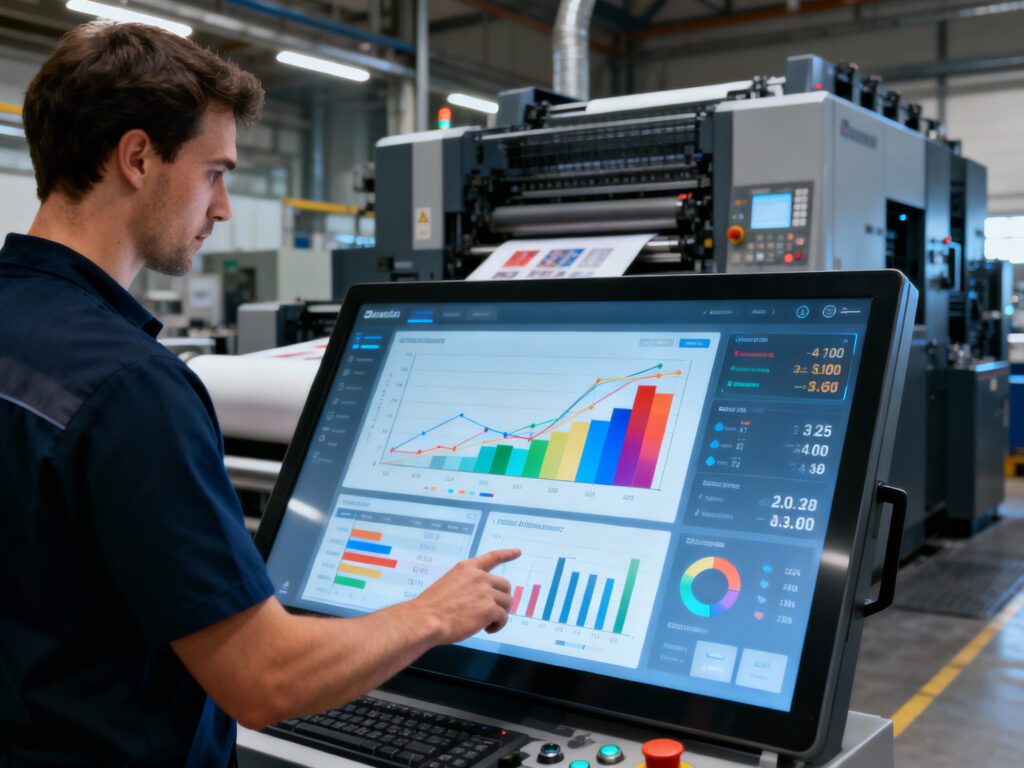 A close-up of a modern digital press operator console in a UK printing plant, showing the AI-driven interface and automated color management tools.
