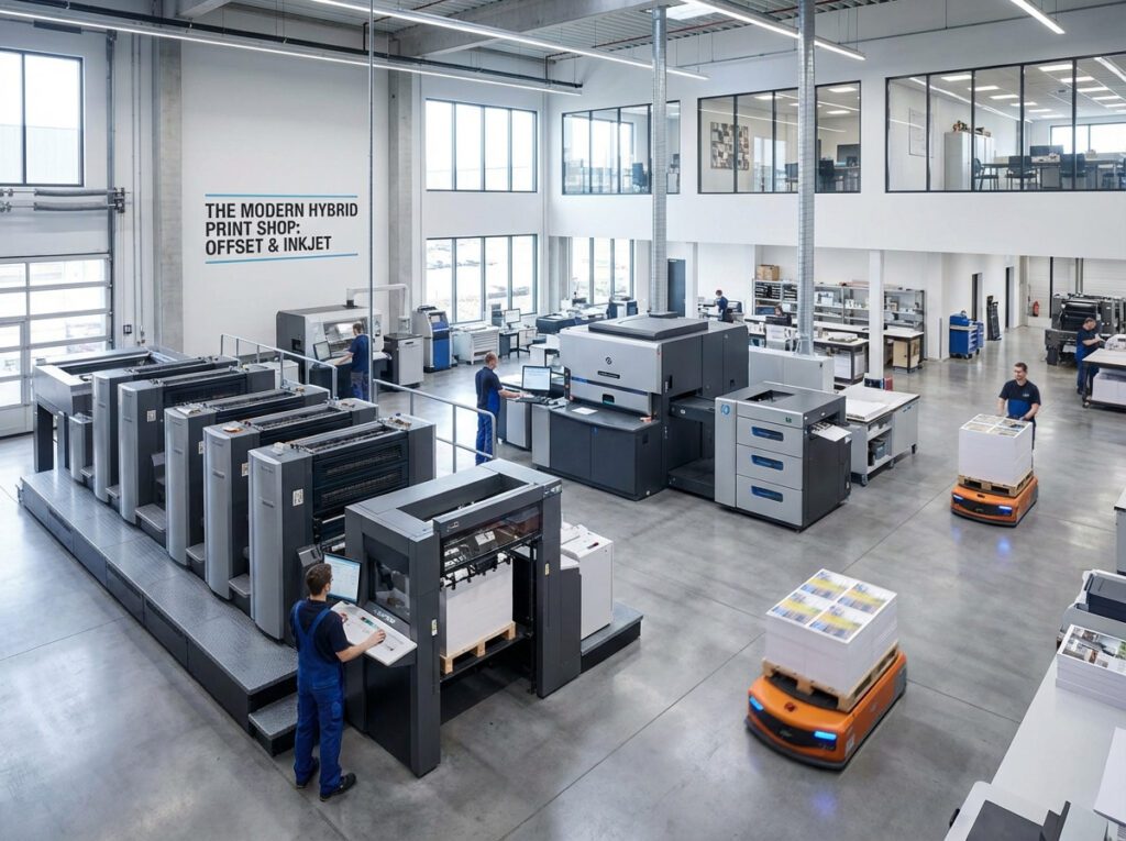 A professional, wide-angle view of a modern commercial printing production floor featuring high-speed offset and digital inkjet presses.