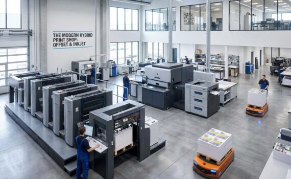 A professional, wide-angle view of a modern commercial printing production floor featuring high-speed offset and digital inkjet presses.