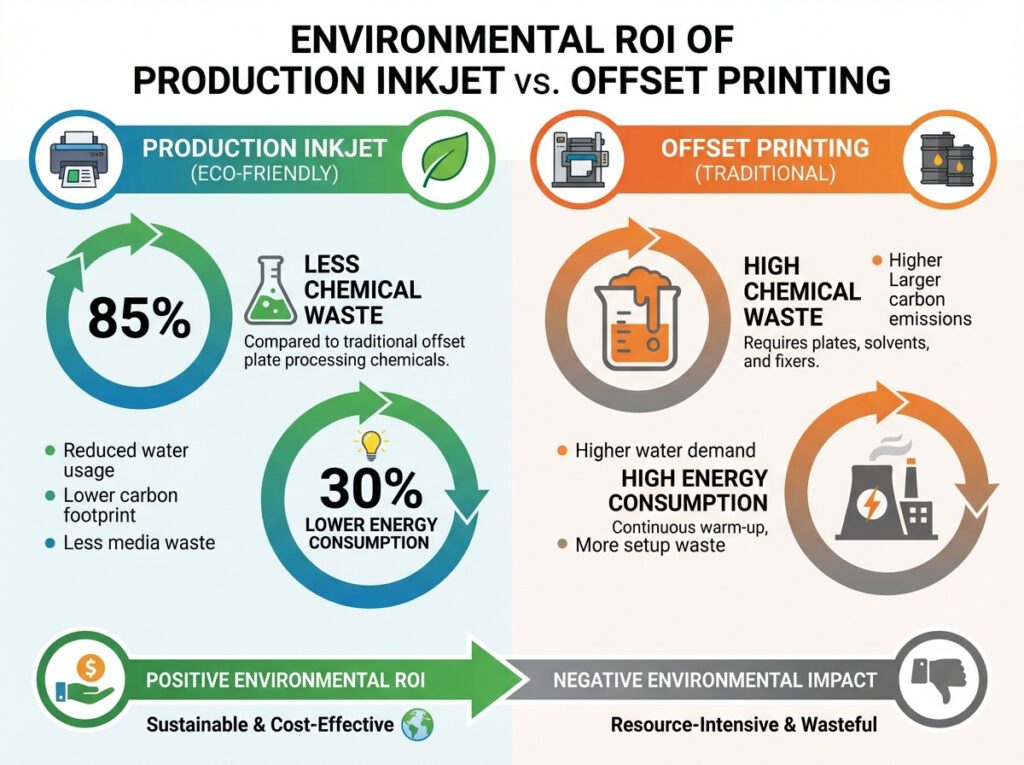 An infographic detailing the environmental ROI of production inkjet, highlighting 85% less chemical waste and 30% lower energy consumption per 1,000 sheets.