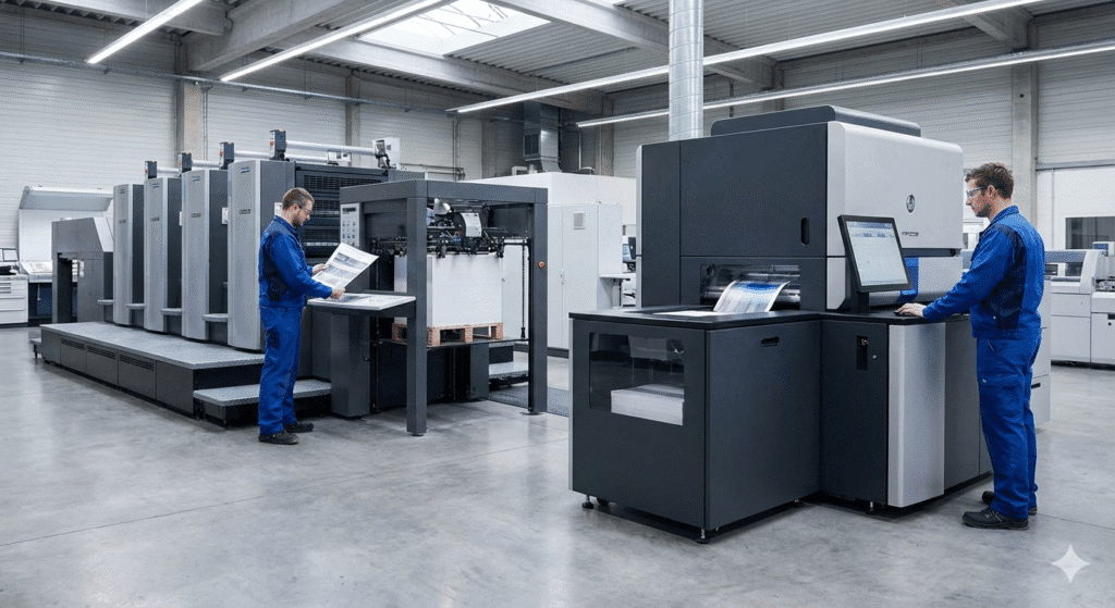 Modern print production facility showing offset and digital printing presses operated by technicians in a hybrid industrial workflow environment.