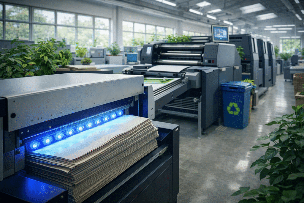 Modern eco-friendly printing facility using recycled paper, with UV LED curing system glowing blue, natural lighting, and sustainable production environment.