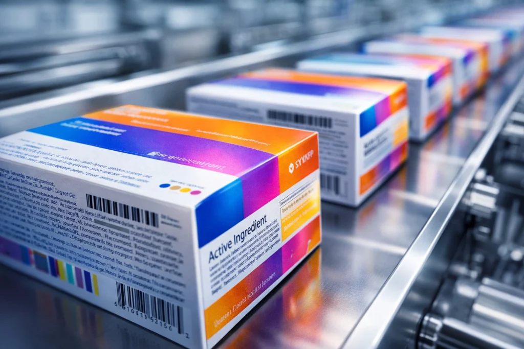 Macro photo of high-quality pharmaceutical packaging with perfect color registration and crisp text from an automated print line.