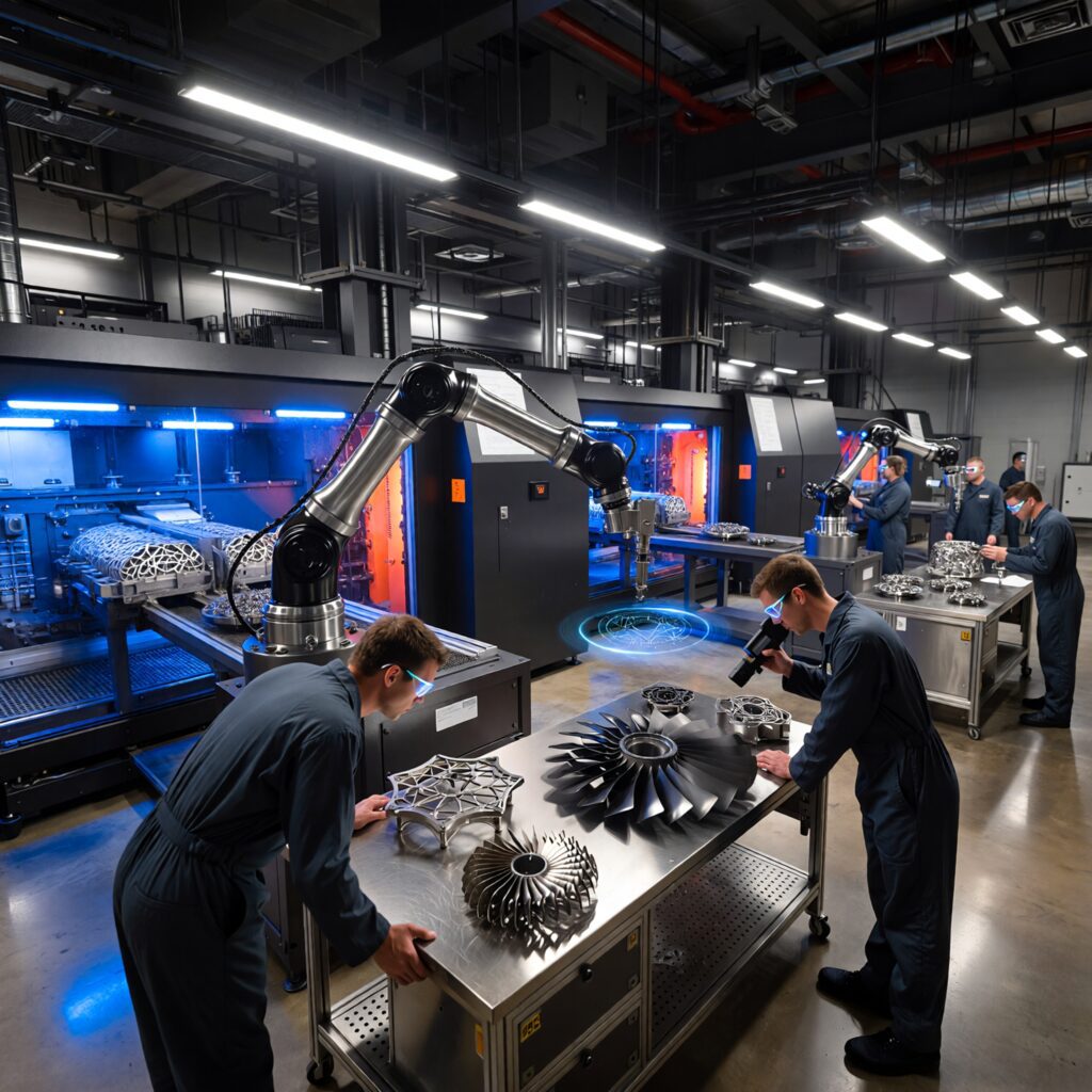 Industrial additive manufacturing facility using advanced 3D printing systems and robotic automation to produce functional metal components at commercial scale.