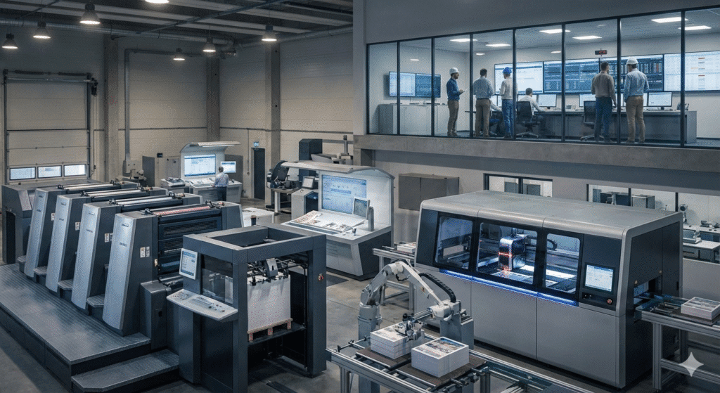 Wide-angle cinematic shot of a futuristic industrial printing facility featuring hybrid offset and digital inkjet systems, a robotic arm handling paper stacks, and an elevated glass control room where engineers monitor global production.