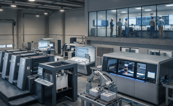 Wide-angle cinematic shot of a futuristic industrial printing facility featuring hybrid offset and digital inkjet systems, a robotic arm handling paper stacks, and an elevated glass control room where engineers monitor global production.