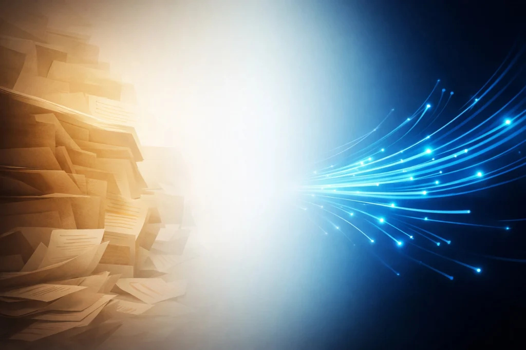 An abstract digital graphic transitioning from traditional sepia-toned paper files to vibrant blue fiber-optic data lines.