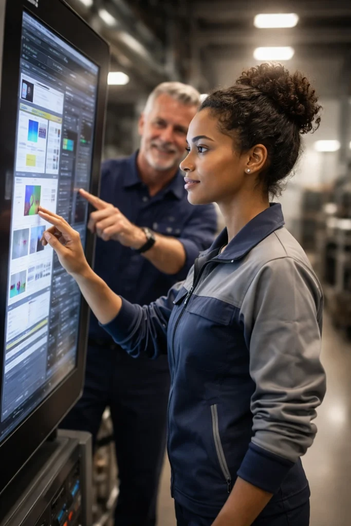 A senior prepress technician mentoring a junior operator on a digital automation dashboard, representing the 2026 skill gap solution.