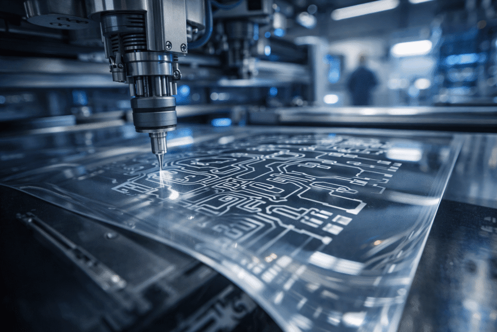 Advanced printed electronics manufacturing process showing precision deposition of flexible circuit patterns on a transparent substrate inside a futuristic industrial production environment.
