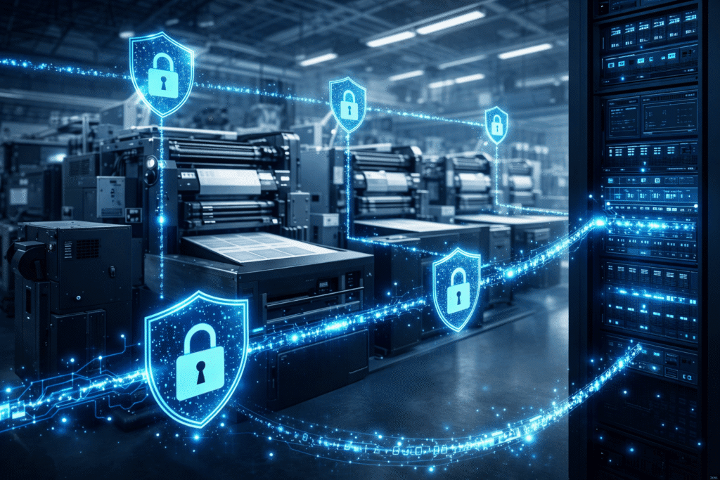 Industrial printing equipment connected through encrypted data streams, with server infrastructure and cybersecurity visualization protecting the production workflow.
