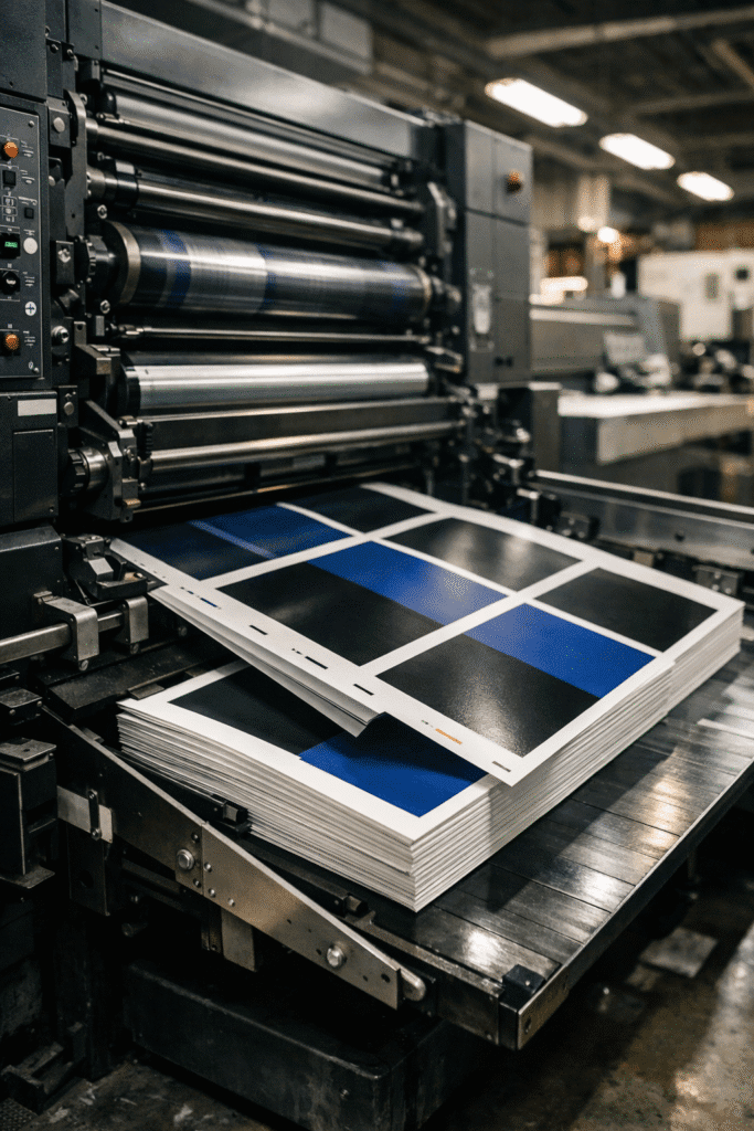 Large sheetfed offset printing press producing book sheets with deep solid colors and crisp ink coverage in a professional print facility