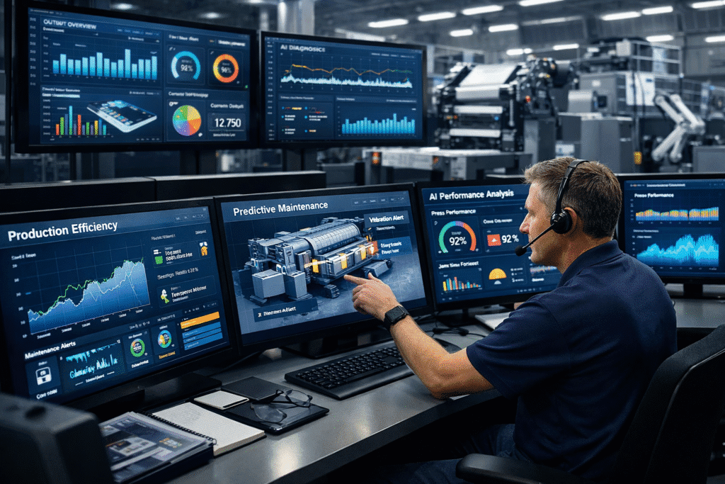 Operator in a smart factory control room interacting with AI monitoring dashboards showing press performance, predictive maintenance, and production efficiency.