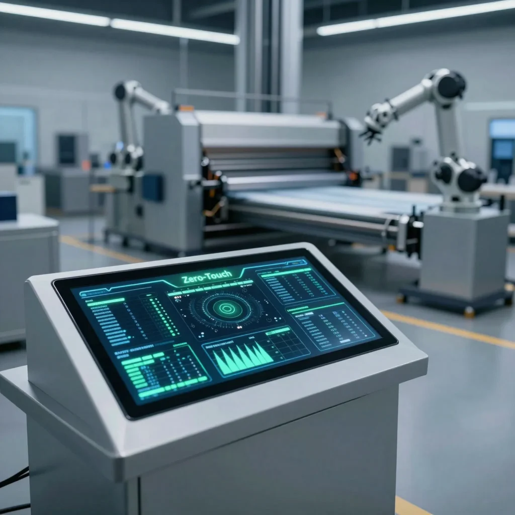 A modern 2026 smart print facility featuring an automated glass control console and high-speed digital presses in the background.