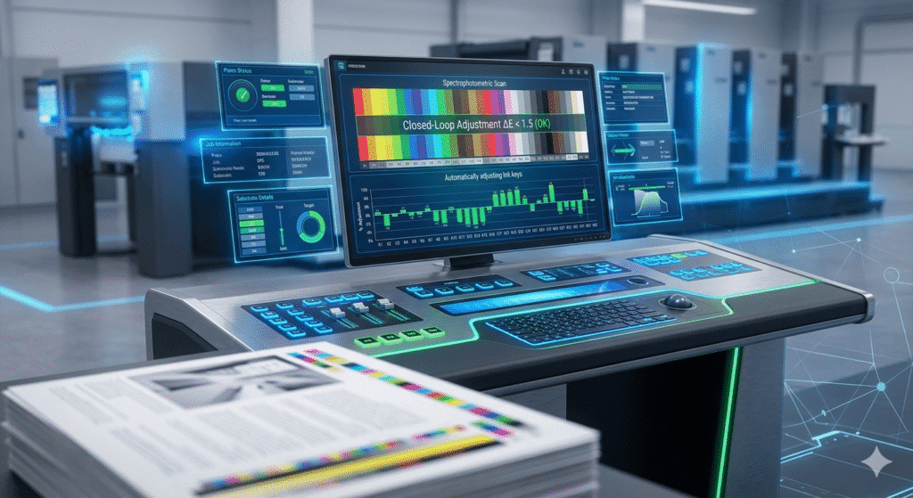 A screen capture of a press operator's console showing a real-time spectrophotometric analysis of a printed sheet, illustrating automatic ink zone corrections.