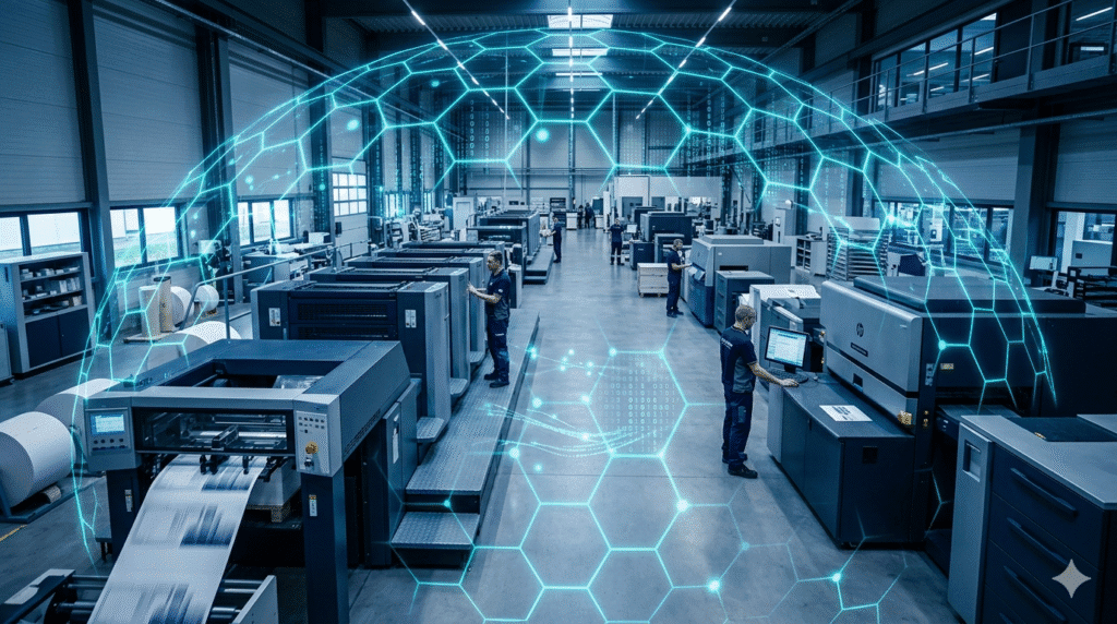 A wide-angle view of a modern industrial printing floor with offset presses protected by a glowing blue digital hexagonal cybersecurity shield.