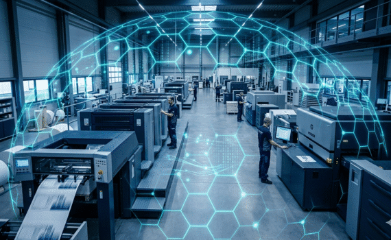 A wide-angle view of a modern industrial printing floor with offset presses protected by a glowing blue digital hexagonal cybersecurity shield.