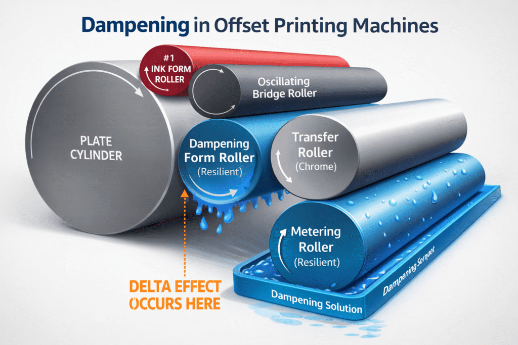 A close-up diagram illustrating the Delta-effect/differential drive, showing the speed difference between the dampening roller and the plate cylinder to scrub away hickeys.
