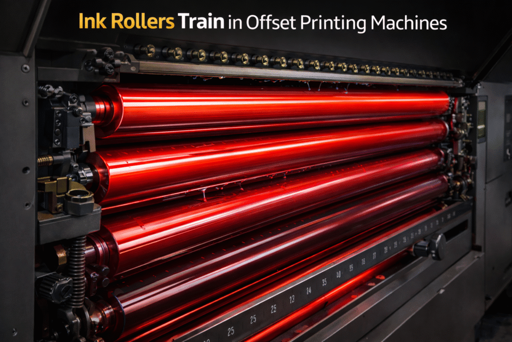 Roller offset inking train, illustrating the path of ink from the fountain to the form rollers and the oscillation pattern.
