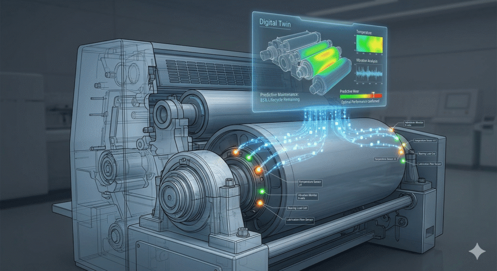 A futuristic digital twin diagram showing IoT sensors mounted on a sheetfed press bearing, analyzing vibration and temperature data for predictive maintenance.