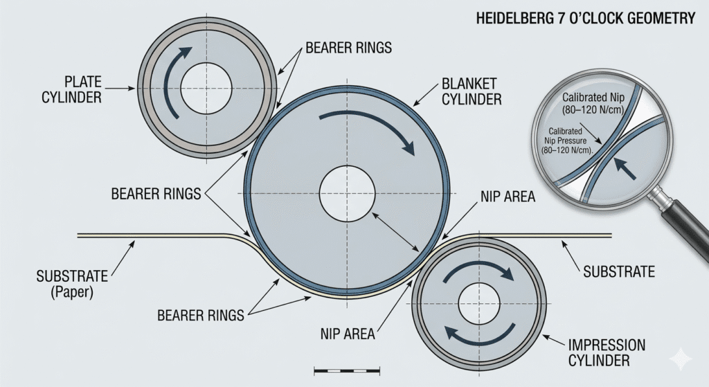 A schematic diagram showing the relationship between the Plate Cylinder, the Blanket Cylinder, and the Impression Cylinder in a sheetfed offset printing unit.