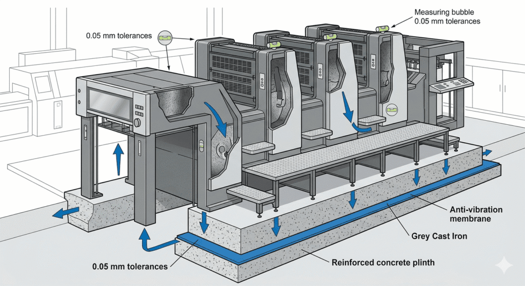 A technical diagram of a sheetfed press frame, showing the grey cast iron structure, the reinforced concrete foundation plinth, and anti-vibration mountings for leveling.