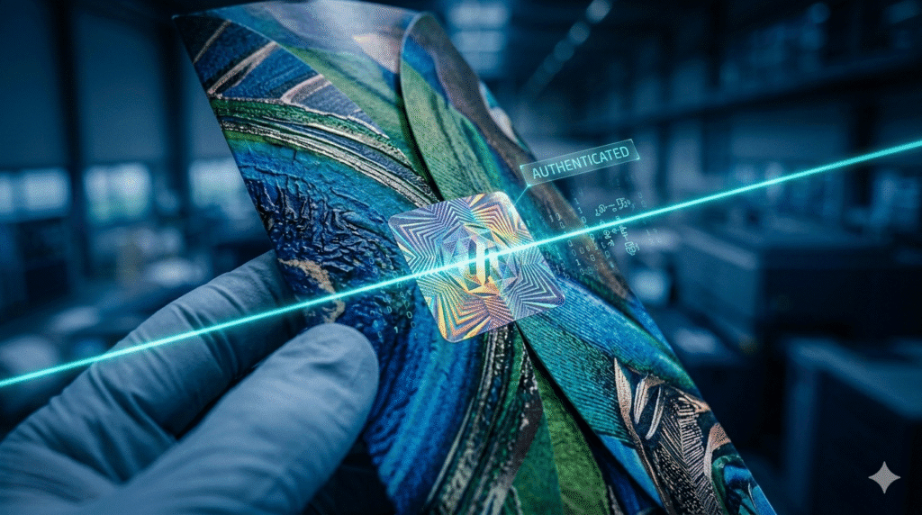 A gloved hand holding a vibrant printed package with a holographic seal being scanned by a cyan laser for digital authentication.