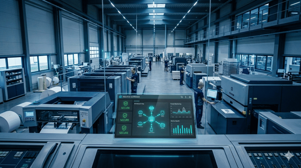 A digital security dashboard on a tablet overlooking a busy printing production line, showing "SECURE" status icons and a network map of connected devices.