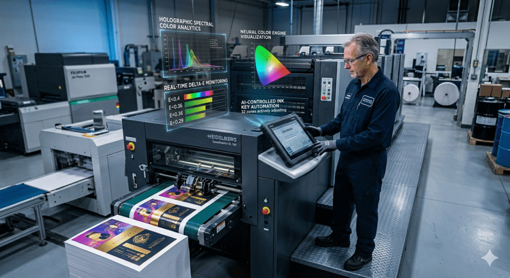 AI-powered color management system controlling modern commercial printing presses.
