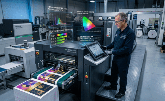 AI-powered color management system controlling modern commercial printing presses.