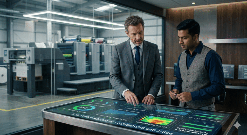 Print production executives analyzing AI-driven ROI and waste reduction dashboards.