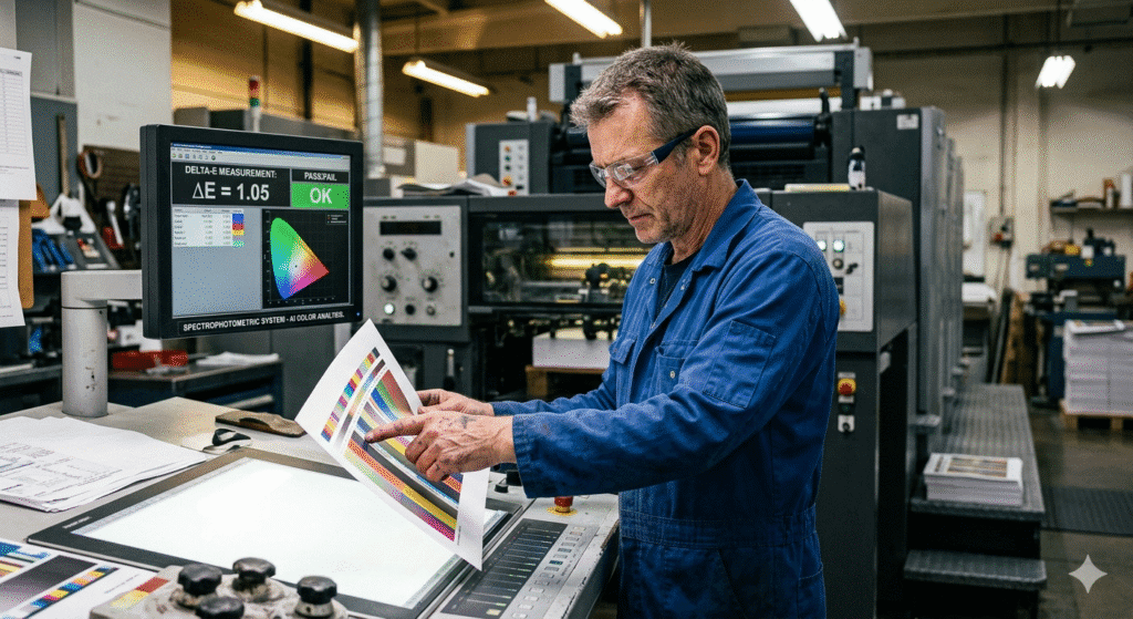 Traditional print operator compared with AI spectrophotometric color control.