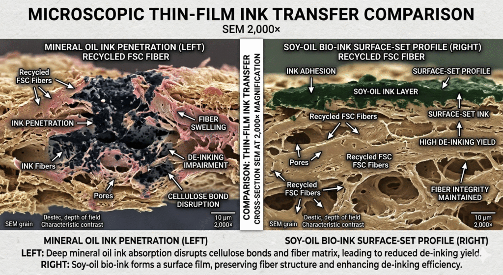 A side-by-side false-color SEM micrograph comparison at 2,000× magnification illustrating ink transfer on recycled FSC fiber. The left panel shows black mineral oil ink deeply penetrating, bleeding into, and disrupting the pinkish-tan cellulose fiber matrix. The right panel shows a dark green soy-oil bio-ink layer resting cleanly on top of the tan fibers as a surface-set profile, leaving the underlying fiber pores and structures intact.