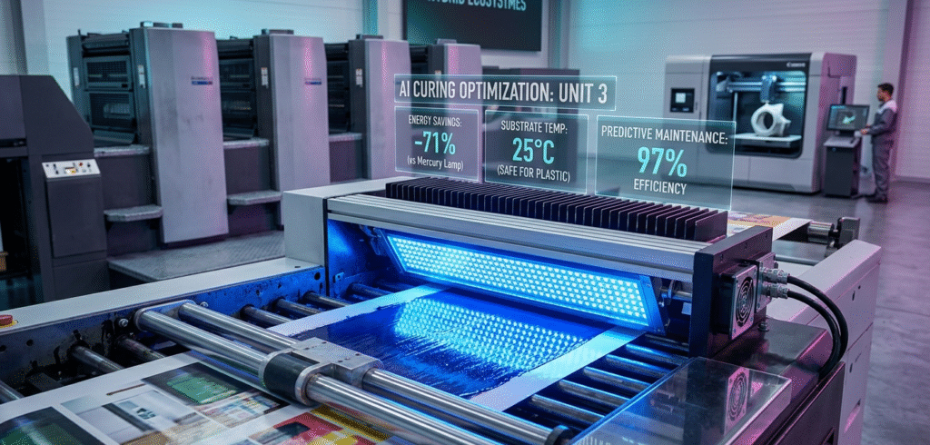 Close-up of a retrofitted UV LED curing module on an offset press with integrated AI monitoring displaying energy savings, substrate temperature control, and predictive maintenance data.