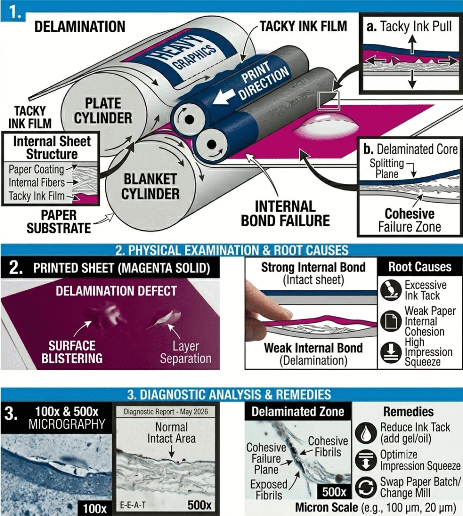 Technical multi-panel infographic illustrating paper delamination mechanics in offset printing, showing internal bond failure, Z-direction cohesive failure plane, surface blistering, and micrograph comparisons of healthy versus delaminated fiber structures.