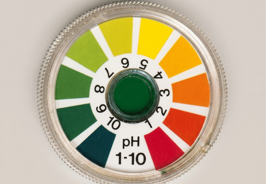 A high-resolution, top-down product photograph of a vintage circular pH indicator wheel. The wheel features a full spectrum of colors from pH 1 (deep red) to pH 10 (deep green-blue), with perfectly sharp numbers 1 through 10. The central comparison viewing window is prominent, displaying a rich, deep forest-green comparison color. Crisp text for 'pH' and '1-10' is visible.